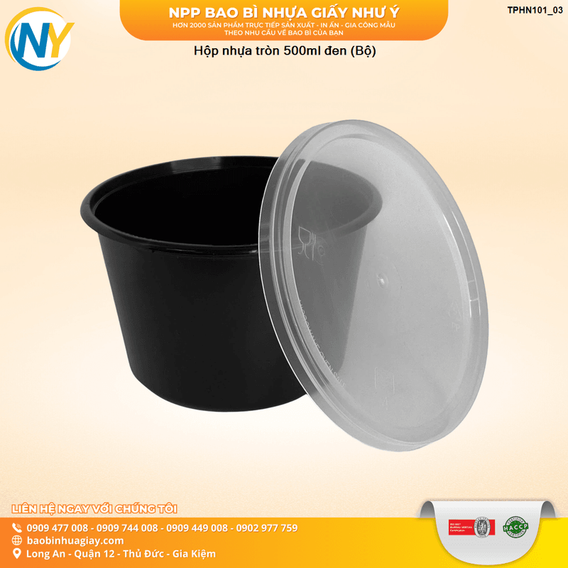 Hộp nhựa tròn 500ml đen (Bộ) | HỘP NHỰA, TÔ/THỐ NHỰA VUÔNG/TRÒN - HỘP MICROWAVE | Mã TPHN101_03