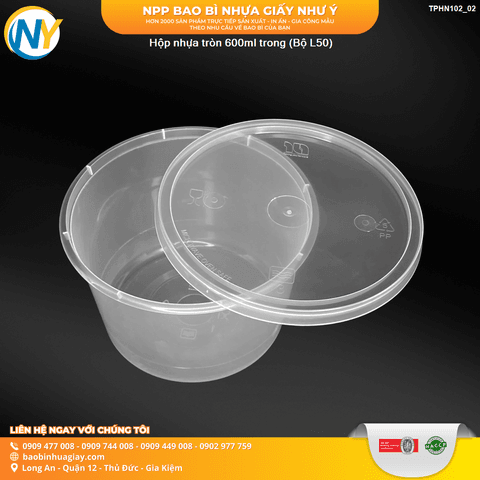 Hộp nhựa tròn 600ml trong (TL) (50 bộ/ lốc - 500 bộ/ thùng) | HỘP NHỰA, TÔ/THỐ NHỰA VUÔNG/TRÒN - HỘP MICROWAVE | Mã TPHN102_02 | Tổng kho phân phối đồ dùng 1 lần 1lan.vn