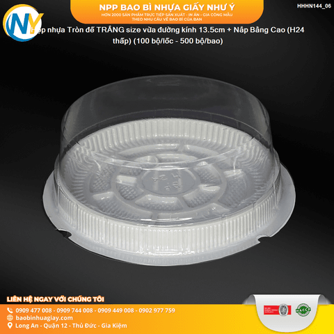 Hộp nhựa Tròn đế TRẮNG size vừa đường kính 13.5cm + Nắp Bằng Cao (H24 thấp) (100 bộ/lốc - 500 bộ/bao) | HỘP NHỰA TRONG ĐỰNG BÁNH - MỨT | Mã HHHN144_06 | Tổng kho phân phối đồ dùng 1 lần 1lan.vn