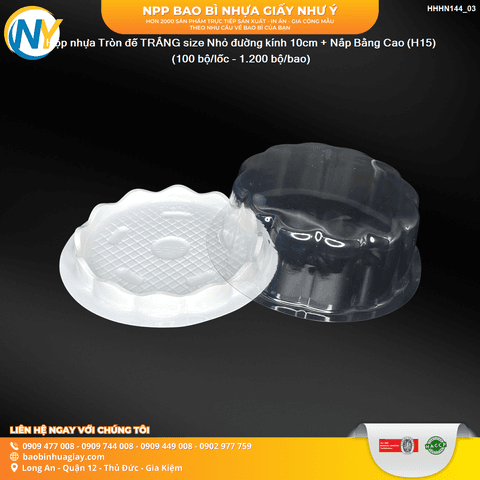 Hộp nhựa Tròn đế TRẮNG size Nhỏ đường kính 10cm + Nắp Bằng Cao (H15) (100 bộ/lốc - 1.200 bộ/bao) | HỘP NHỰA TRONG ĐỰNG BÁNH - MỨT | Mã HHHN144_03 | Tổng kho phân phối đồ dùng 1 lần 1lan.vn