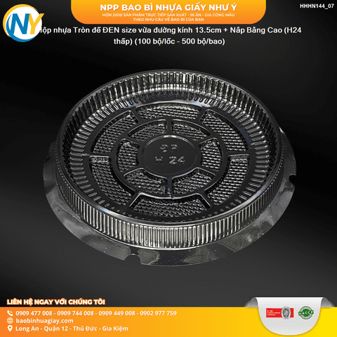 Hộp nhựa Tròn đế ĐEN size vừa đường kính 13.5cm + Nắp Bằng Cao (H24 thấp) (100 bộ/lốc - 500 bộ/bao) | HỘP NHỰA TRONG ĐỰNG BÁNH - MỨT | Mã HHHN144_07 | Tổng kho phân phối đồ dùng 1 lần 1lan.vn