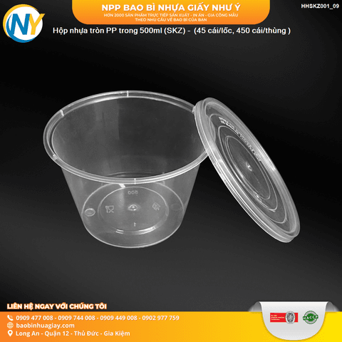 Hộp nhựa tròn 500ml (L50)- TRONG (SKZ) (50 cái/lốc, 450 cái/thùng) | HỘP NHỰA, TÔ/THỐ NHỰA VUÔNG/TRÒN - HỘP MICROWAVE | Mã HHSKZ002_03 | Tổng kho phân phối đồ dùng 1 lần 1lan.vn