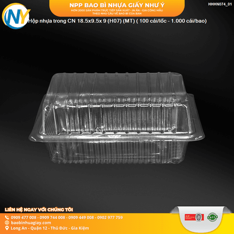 Hộp nhựa trong CN 18.5x9.5x 9 (H07) (MT) ( 100 cái/lốc - 1.000 cái/bao) | HỘP NHỰA TRONG ĐỰNG BÁNH - MỨT | Mã HHHN074_01 | Tổng kho phân phối đồ dùng 1 lần 1lan.vn