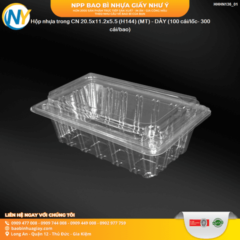 Hộp nhựa trong CN 20.5x11.2x5.5 (H144) (MT) - DÀY (100 cái/lốc- 300 cái/bao) | HỘP NHỰA TRONG ĐỰNG BÁNH - MỨT | Mã HHHN136_01 | Tổng kho phân phối đồ dùng 1 lần 1lan.vn