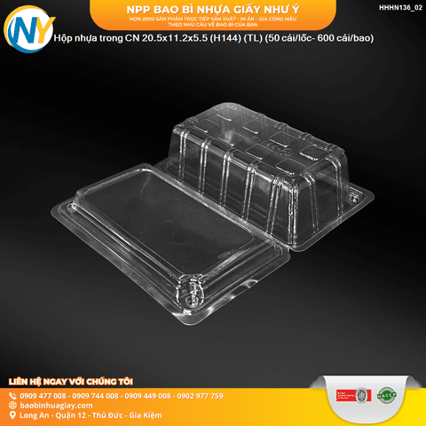 Hộp nhựa trong CN 20.5x11.2x5.5 (H144) (TL) (50 cái/lốc- 600 cái/bao) | HỘP NHỰA TRONG ĐỰNG BÁNH - MỨT | Mã HHHN136_02 | Tổng kho phân phối đồ dùng 1 lần 1lan.vn