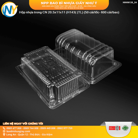 Hộp nhựa trong CN 20.5x11x11 (H143( (TL) (50 cái/lốc- 600 cái/bao) | HỘP NHỰA TRONG ĐỰNG BÁNH - MỨT | Mã HHHN136_04 | Tổng kho phân phối đồ dùng 1 lần 1lan.vn
