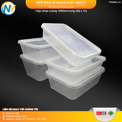 Hộp nhựa vuông 1000ml trong (Bộ L10) | HỘP NHỰA VUÔNG | Mã TPHN003_01 | Tổng kho phân phối đồ dùng 1 lần 1lan.vn