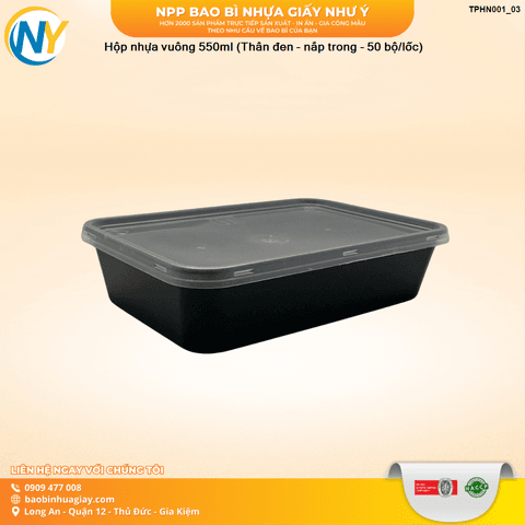 Hộp nhựa vuông 550ml (Thân đen - nắp trong - 50 bộ/lốc) | HỘP NHỰA, TÔ/THỐ NHỰA VUÔNG/TRÒN - HỘP MICROWAVE | Mã TPHN001_03 | Tổng kho phân phối đồ dùng 1 lần 1lan.vn