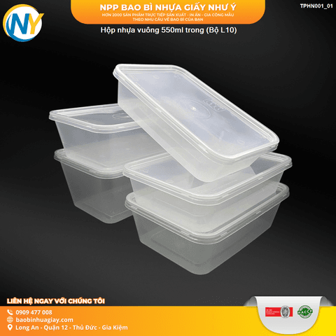Hộp nhựa vuông microwave 550ml trong (Bộ L10) | HỘP NHỰA, TÔ/THỐ NHỰA VUÔNG/TRÒN - HỘP MICROWAVE | Mã TPHN001_01 | Tổng kho phân phối đồ dùng 1 lần 1lan.vn