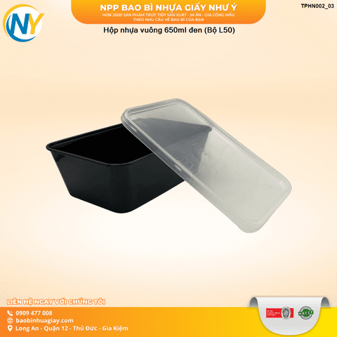 Hộp nhựa vuông 650ml đen (Bộ L50) ( 500 Bộ/ thùng) | HỘP NHỰA, TÔ/THỐ NHỰA VUÔNG/TRÒN - HỘP MICROWAVE | Mã TPHN002_03 | Tổng kho phân phối đồ dùng 1 lần 1lan.vn