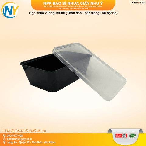 Hộp nhựa vuông 750ml (Thân đen - nắp trong - 50 bộ/lốc) | HỘP NHỰA VUÔNG | Mã TPHN004_03 | Tổng kho phân phối đồ dùng 1 lần 1lan.vn