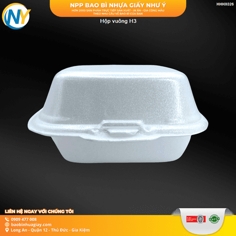 Hộp vuông H3 | HỘP XỐP - XÔI/ HỘP CƠM/GÀ/HEO/SẦU RIÊNG - THỐ XỐP - TÔ CHÁO | Mã HHHX026 | Tổng kho phân phối đồ dùng 1 lần 1lan.vn