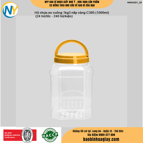 Hũ nhựa eo vuông 1kg3 nắp vàng C395 (1000ml)
 (24 hũ/lốc - 240 hũ/kiện) | HŨ NHỰA - CHAI NHỰA | Mã HHHU001_09 | Tổng kho phân phối đồ dùng 1 lần 1lan.vn