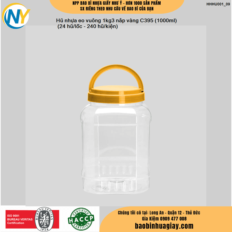 Hũ nhựa eo vuông 1kg3 nắp vàng C395 (1000ml)
 (24 hũ/lốc - 240 hũ/kiện) | HŨ NHỰA - CHAI NHỰA | Mã HHHU001_09