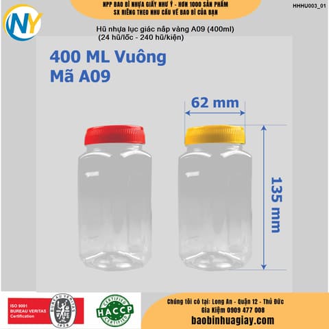 Hũ nhựa lục giác nắp vàng A09 (400ml)
 (24 hũ/lốc - 240 hũ/kiện) | HŨ NHỰA - CHAI NHỰA | Mã HHHU003_01 | Tổng kho phân phối đồ dùng 1 lần 1lan.vn