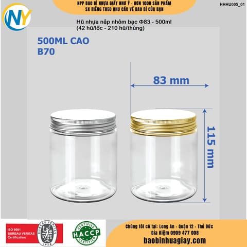 Hũ nhựa cao cấp 500ml - Nắp nhôm bạc phi 83 (42 hũ/lốc - 210 hũ/thùng) | HŨ NHỰA - CHAI NHỰA | Mã HHHU005_01 | Tổng kho phân phối đồ dùng 1 lần 1lan.vn