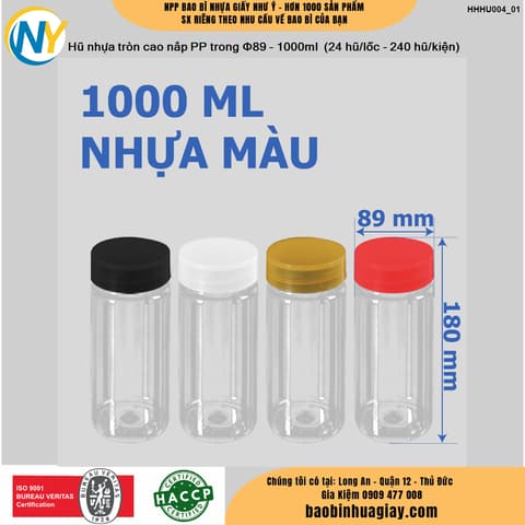 Hũ nhựa cao cấp 1000ml - Nắp phi 89 (Nắp riêng: Nắp Đen/ Nắp PP Trong) (24 hũ/lốc - 240 hũ/kiện) | HŨ NHỰA - CHAI NHỰA | Mã HHHU004_01 | Tổng kho phân phối đồ dùng 1 lần 1lan.vn