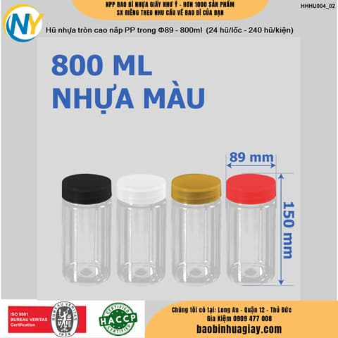 Hũ nhựa cao cấp 800ml - Nắp phi 89 (Nắp riêng: Nắp Đen/ Nắp PP Trong) (24 hũ/lốc - 240 hũ/kiện) | HŨ NHỰA - CHAI NHỰA | Mã HHHU004_02 | Tổng kho phân phối đồ dùng 1 lần 1lan.vn