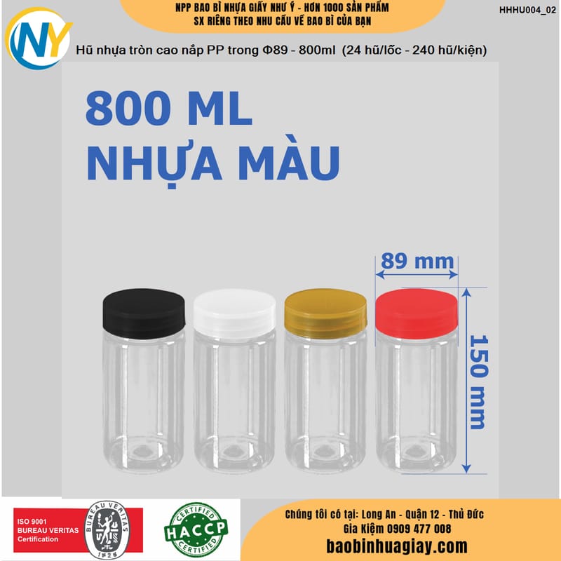 Hũ nhựa cao cấp 800ml - Nắp phi 89 (Nắp riêng: Nắp Đen/ Nắp PP Trong) (24 hũ/lốc - 240 hũ/kiện) | HŨ NHỰA - CHAI NHỰA | Mã HHHU004_02