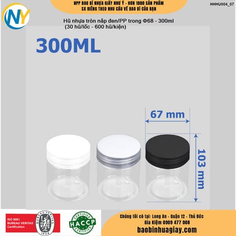 Hũ nhựa cao cấp 300ml - Nắp phi 68 (Nắp riêng: Nắp Đen/ Nắp PP Trong) (30 hũ/lốc - 600 hũ/kiện) | HŨ NHỰA - CHAI NHỰA | Mã HHHU004_07 | Tổng kho phân phối đồ dùng 1 lần 1lan.vn