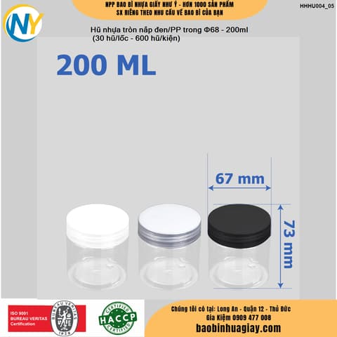 Hũ nhựa cao cấp 200ml - Nắp phi 68 (Nắp riêng: Nắp Đen/ Nắp PP Trong) (30 hũ/lốc - 600 hũ/kiện) | HŨ NHỰA - CHAI NHỰA | Mã HHHU004_05 | Tổng kho phân phối đồ dùng 1 lần 1lan.vn