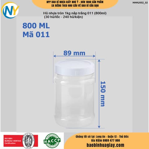 Hũ nhựa tròn 1kg nắp trắng 011 (800ml)
 (30 hũ/lốc - 240 hũ/kiện) | HŨ NHỰA - CHAI NHỰA | Mã HHHU002_02 | Tổng kho phân phối đồ dùng 1 lần 1lan.vn