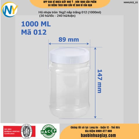 Hũ nhựa tròn 1kg2 nắp trắng 012 (1000ml)
 (30 hũ/lốc - 240 hũ/kiện) | HŨ NHỰA - CHAI NHỰA | Mã HHHU002_03 | Tổng kho phân phối đồ dùng 1 lần 1lan.vn