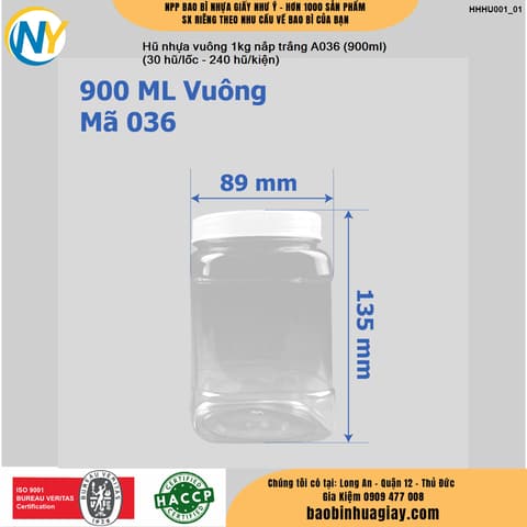 Hũ nhựa vuông 1kg nắp trắng A036 (900ml) 
(30 hũ/lốc - 240 hũ/kiện) | HŨ NHỰA - CHAI NHỰA | Mã HHHU001_01 | Tổng kho phân phối đồ dùng 1 lần 1lan.vn
