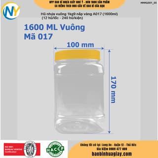 Hũ nhựa vuông 1kg9 nắp vàng A017 (1600ml)
 (12 hũ/lốc - 240 hũ/kiện) - ảnh 1