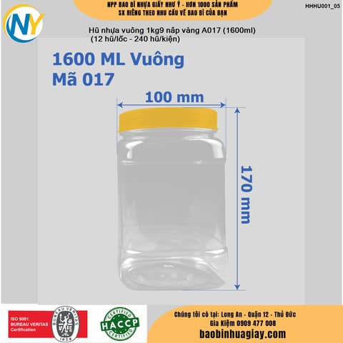 Hũ nhựa vuông 1kg9 nắp vàng A017 (1600ml)
 (12 hũ/lốc - 240 hũ/kiện) | HŨ NHỰA - CHAI NHỰA | Mã HHHU001_05 | Tổng kho phân phối đồ dùng 1 lần 1lan.vn