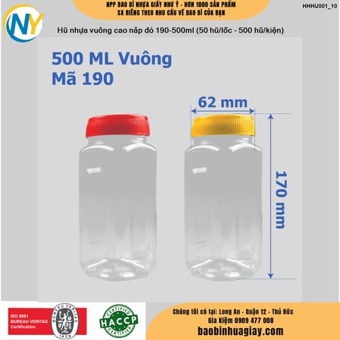 Hũ nhựa vuông cao nắp đỏ 190-500ml (50 hũ/lốc - 500 hũ/kiện) | HŨ NHỰA - CHAI NHỰA | Mã HHHU001_10 | Tổng kho phân phối đồ dùng 1 lần 1lan.vn