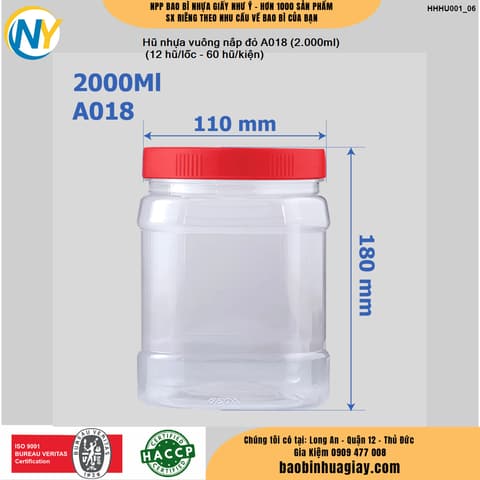 Hũ nhựa vuông nắp đỏ A018 (2.000ml)
 (12 hũ/lốc - 60 hũ/kiện) | HŨ NHỰA - CHAI NHỰA | Mã HHHU001_06 | Tổng kho phân phối đồ dùng 1 lần 1lan.vn