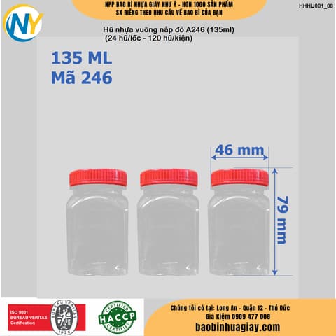 Hũ nhựa vuông nắp đỏ A246 (135ml)
 (24 hũ/lốc - 120 hũ/kiện) | HŨ NHỰA - CHAI NHỰA | Mã HHHU001_08 | Tổng kho phân phối đồ dùng 1 lần 1lan.vn