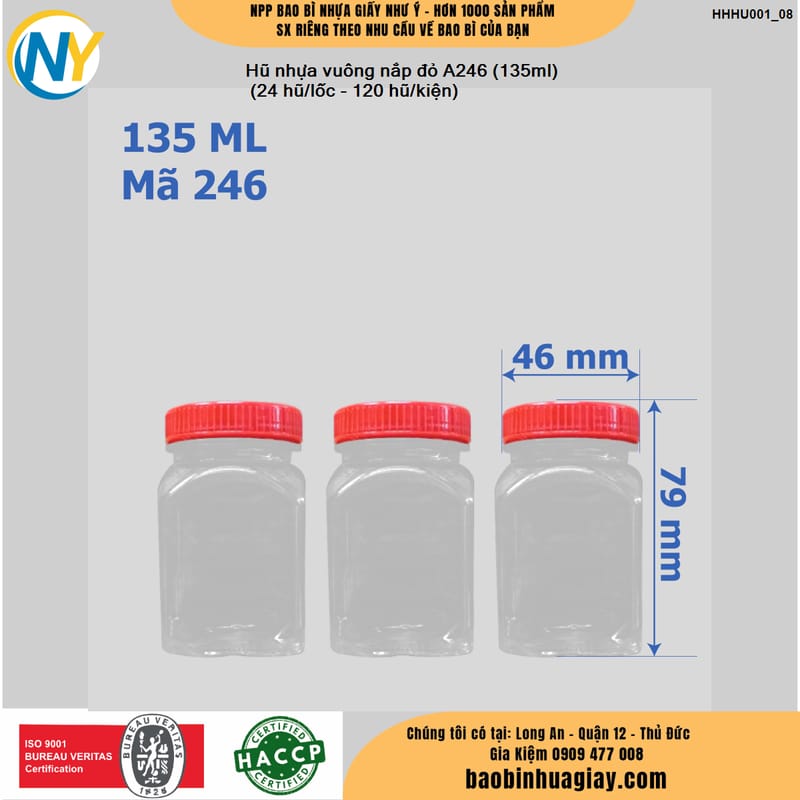 Hũ nhựa vuông nắp đỏ A246 (135ml)
 (24 hũ/lốc - 120 hũ/kiện) | HŨ NHỰA - CHAI NHỰA | Mã HHHU001_08