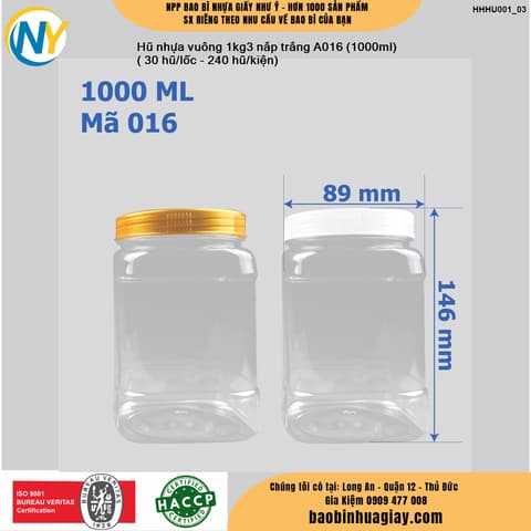 Hũ nhựa vuông 1kg3 nắp trắng A016 (1000ml)
( 30 hũ/lốc - 240 hũ/kiện) | HŨ NHỰA - CHAI NHỰA | Mã HHHU001_03 | Tổng kho phân phối đồ dùng 1 lần 1lan.vn