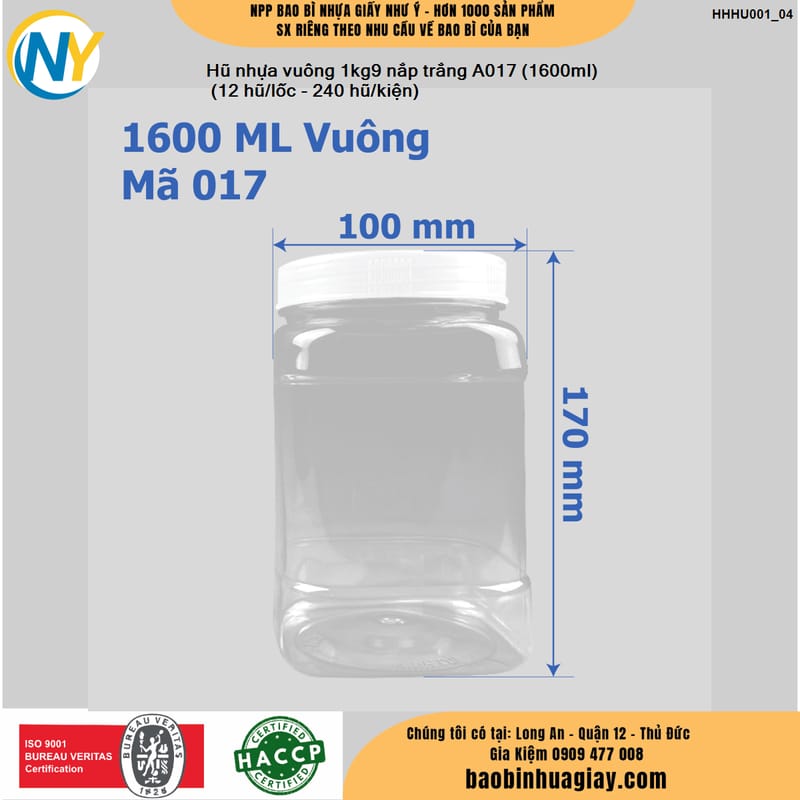 Hũ nhựa vuông 1kg9 nắp trắng A017 (1600ml)
 (12 hũ/lốc - 240 hũ/kiện) | HŨ NHỰA - CHAI NHỰA | Mã HHHU001_04