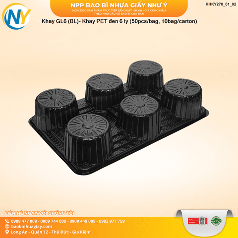 Khay GL6 (BL)- Khay PET đen 6 ly (50pcs/bag, 10bag/carton) | KHAY NHỰA - KHAY LY - GIẤY CHỐNG TRÀN - TÚI ĐỰNG LY - TÚI T | Mã HHKY270_01_02 | Tổng kho phân phối đồ dùng 1 lần 1lan.vn