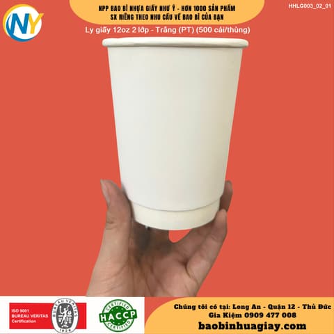 Ly giấy 12oz 2 lớp - Trắng (PT) (500 cái/thùng) | LY GIẤY | Mã HHLG003_02_01 | Tổng kho phân phối đồ dùng 1 lần 1lan.vn