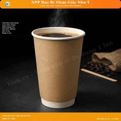 Ly giấy 16oz 2 lớp - Kraft nâu (UKP) (500 cái/thùng) | LY GIẤY | Mã HHLG004_01_02 | Tổng kho phân phối đồ dùng 1 lần 1lan.vn