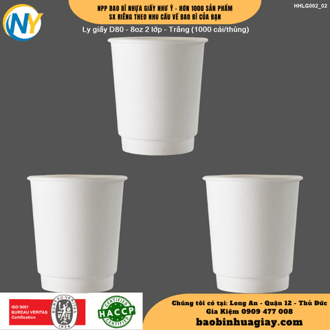 Ly giấy D80 - 8oz 2 lớp - Trắng (PT) (1000 cái/thùng) | LY GIẤY | Mã HHLG002_02_01 | Tổng kho phân phối đồ dùng 1 lần 1lan.vn