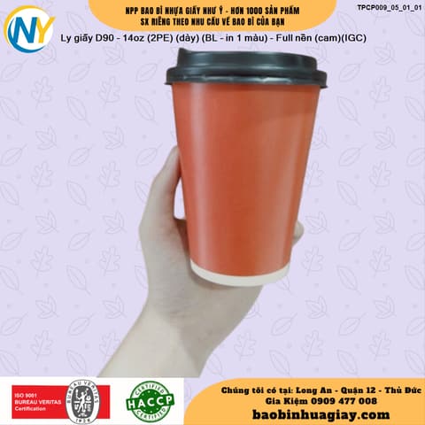Ly giấy D90 - 14oz (2PE) (dày) (BL - in 1 màu) - Full nền (cam)(IGC) | LY GIẤY | Mã TPCP009_05_01_01 | Tổng kho phân phối đồ dùng 1 lần 1lan.vn