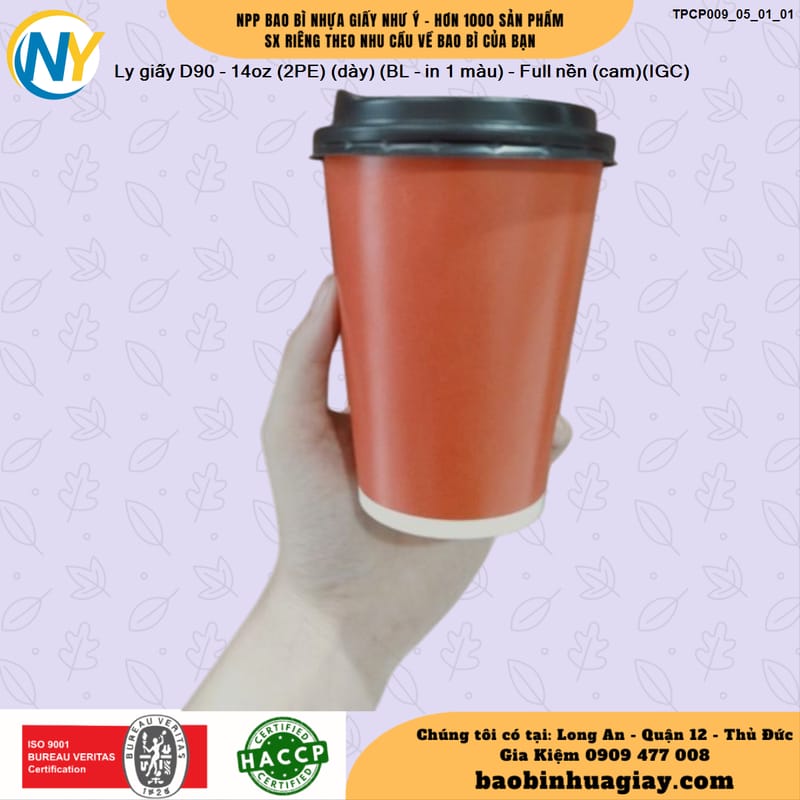 Ly giấy D90 - 14oz (2PE) (dày) (BL - in 1 màu) - Full nền (cam)(IGC) | LY GIẤY | Mã TPCP009_05_01_01