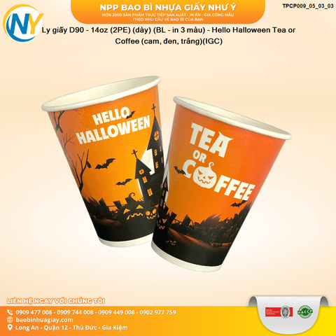 Ly giấy D90 - 14oz (2PE) (dày) (BL - in 3 màu) - Hello Halloween Tea or Coffee (cam, đen, trắng)(IGC) | LY GIẤY | Mã TPCP009_05_03_03 | Tổng kho phân phối đồ dùng 1 lần 1lan.vn