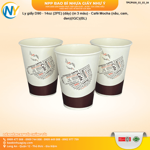 Ly giấy D90 - 14oz (2PE) (dày) (in 3 màu) - Café Mocha (nâu, cam, đen)(IGC)(BL) | LY GIẤY | Mã TPCP009_03_03_04 | Tổng kho phân phối đồ dùng 1 lần 1lan.vn