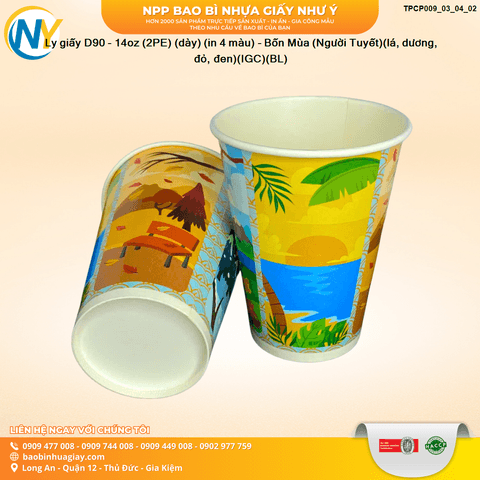 Ly giấy D90 - 14oz (2PE) (dày) (in 4 màu) - Bốn Mùa (Người Tuyết)(lá, dương, đỏ, đen)(IGC)(BL) | LY GIẤY | Mã TPCP009_03_04_02 | Tổng kho phân phối đồ dùng 1 lần 1lan.vn