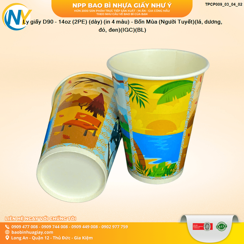 Ly giấy D90 - 14oz (2PE) (dày) (in 4 màu) - Bốn Mùa (Người Tuyết)(lá, dương, đỏ, đen)(IGC)(BL) | LY GIẤY | Mã TPCP009_03_04_02