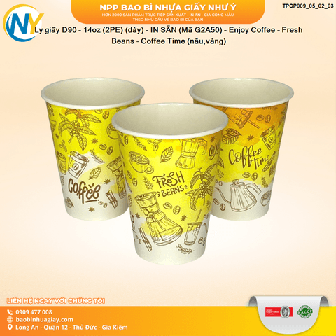 Ly giấy D90 - 14oz (2PE) (dày) - IN SẴN (Mã G2A50) - Enjoy Coffee - Fresh Beans - Coffee Time (nâu,vàng) | LY GIẤY | Mã TPCP009_05_02_03 | Tổng kho phân phối đồ dùng 1 lần 1lan.vn