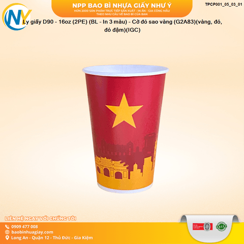 Ly giấy D90 - 16oz (2PE) (BL - In 3 màu) - Cờ đỏ sao vàng (G2A83)(vàng, đỏ, đỏ đậm)(IGC) | LY GIẤY | Mã TPCP006_05_03_01 | Tổng kho phân phối đồ dùng 1 lần 1lan.vn