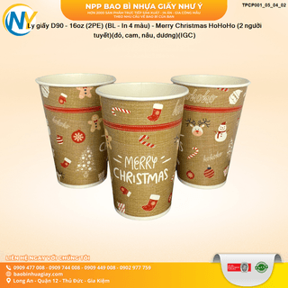 Ly giấy D90 - 16oz (2PE) (BL - In 4 màu) - Merry Christmas HoHoHo (2 người tuyết)(đỏ, cam, nâu, dương)(IGC) - ảnh 3