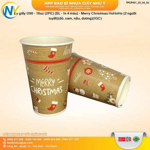 Ly giấy D90 - 16oz (2PE) (BL - In 4 màu) - Merry Christmas HoHoHo (2 người tuyết)(đỏ, cam, nâu, dương)(IGC) | LY GIẤY | Mã TPCP001_05_04_02 | Tổng kho phân phối đồ dùng 1 lần 1lan.vn